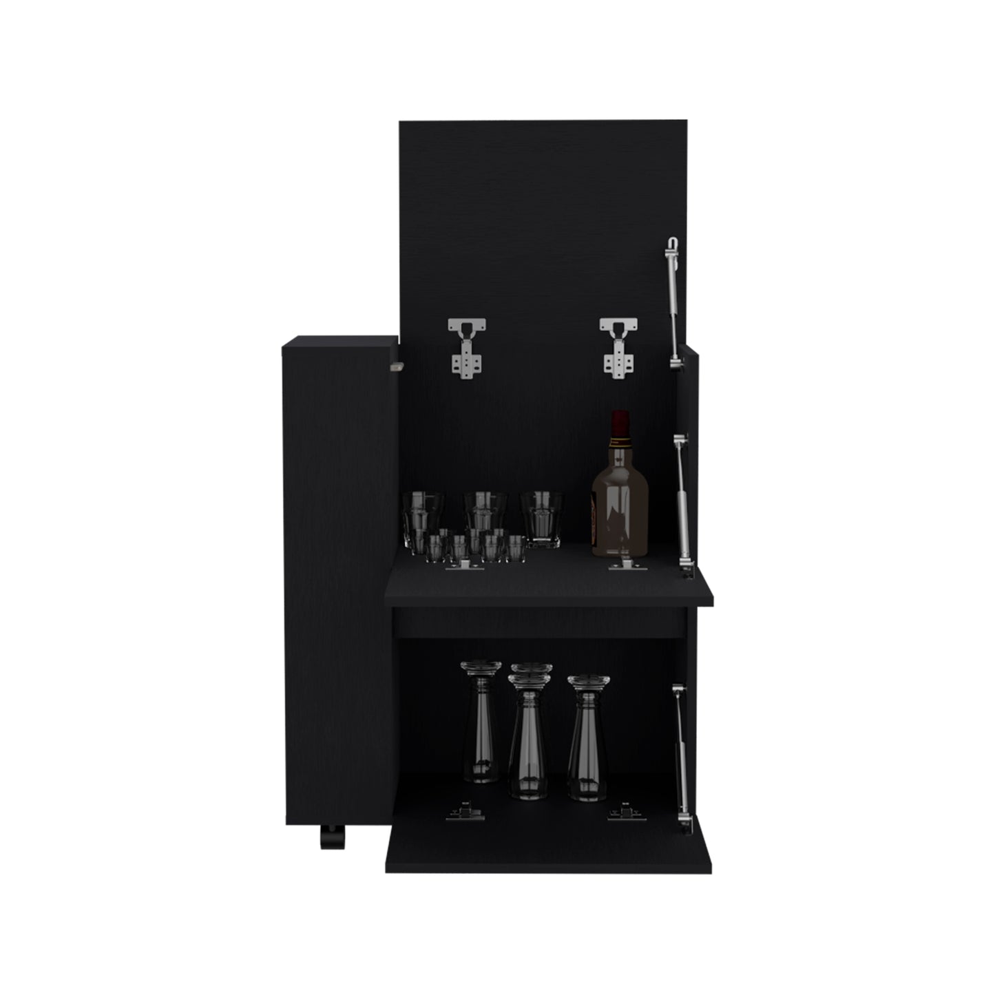 Black compact bar cabinet with a bottle of liquor and shot glasses displayed