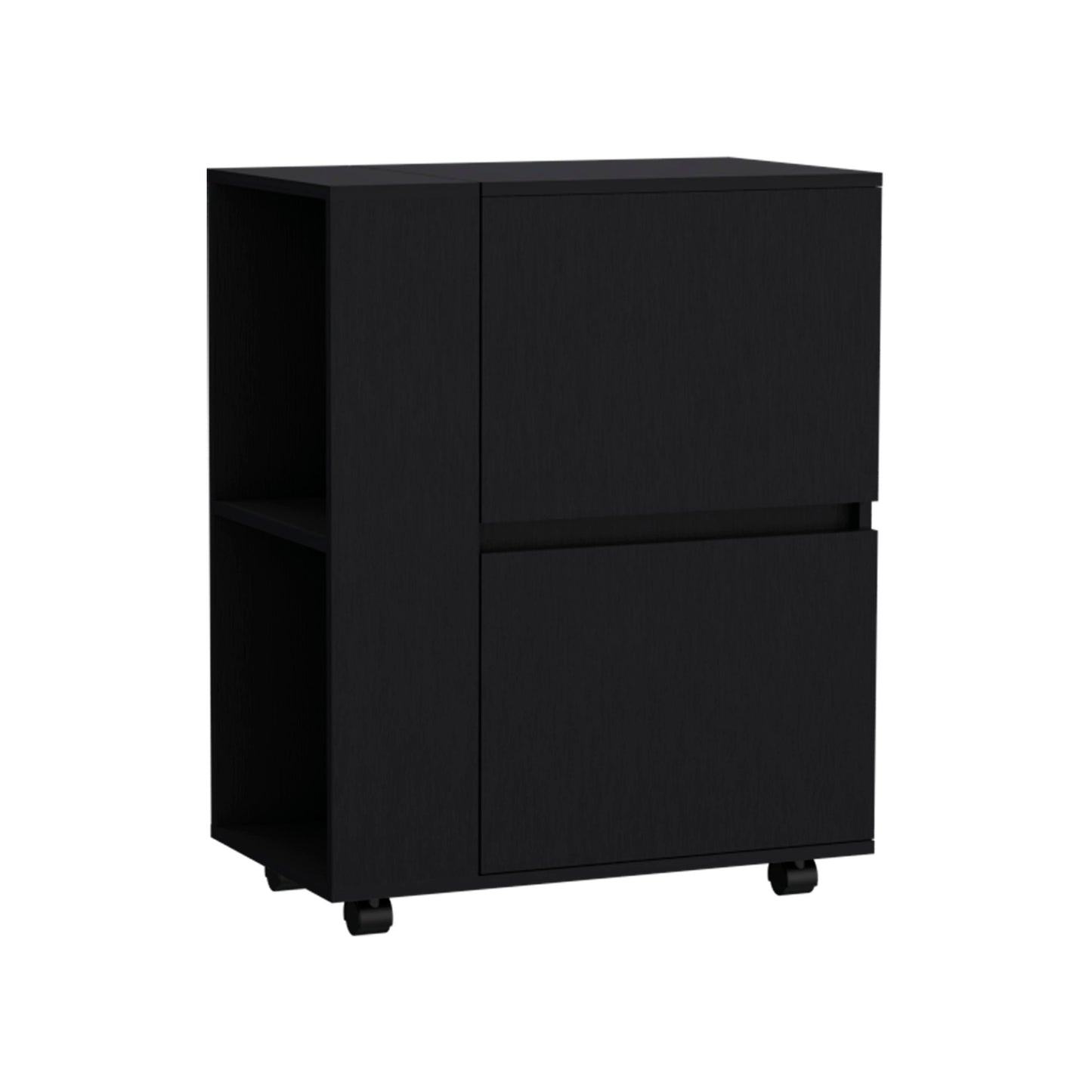 Black modern filing cabinet with two drawers and open shelving on wheels