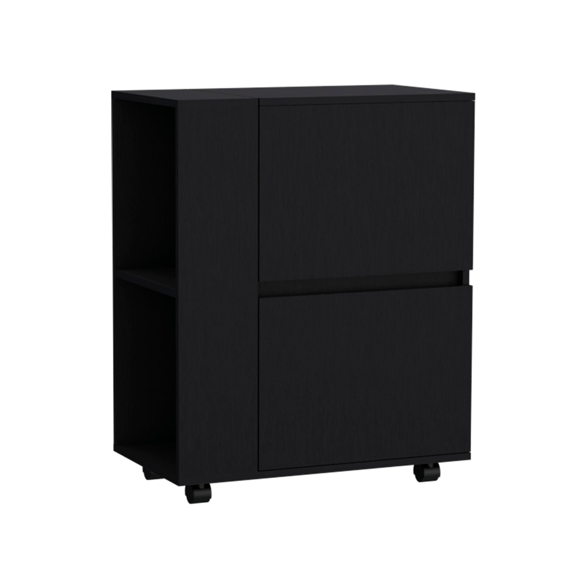 Black modern filing cabinet with two drawers and open shelving on wheels