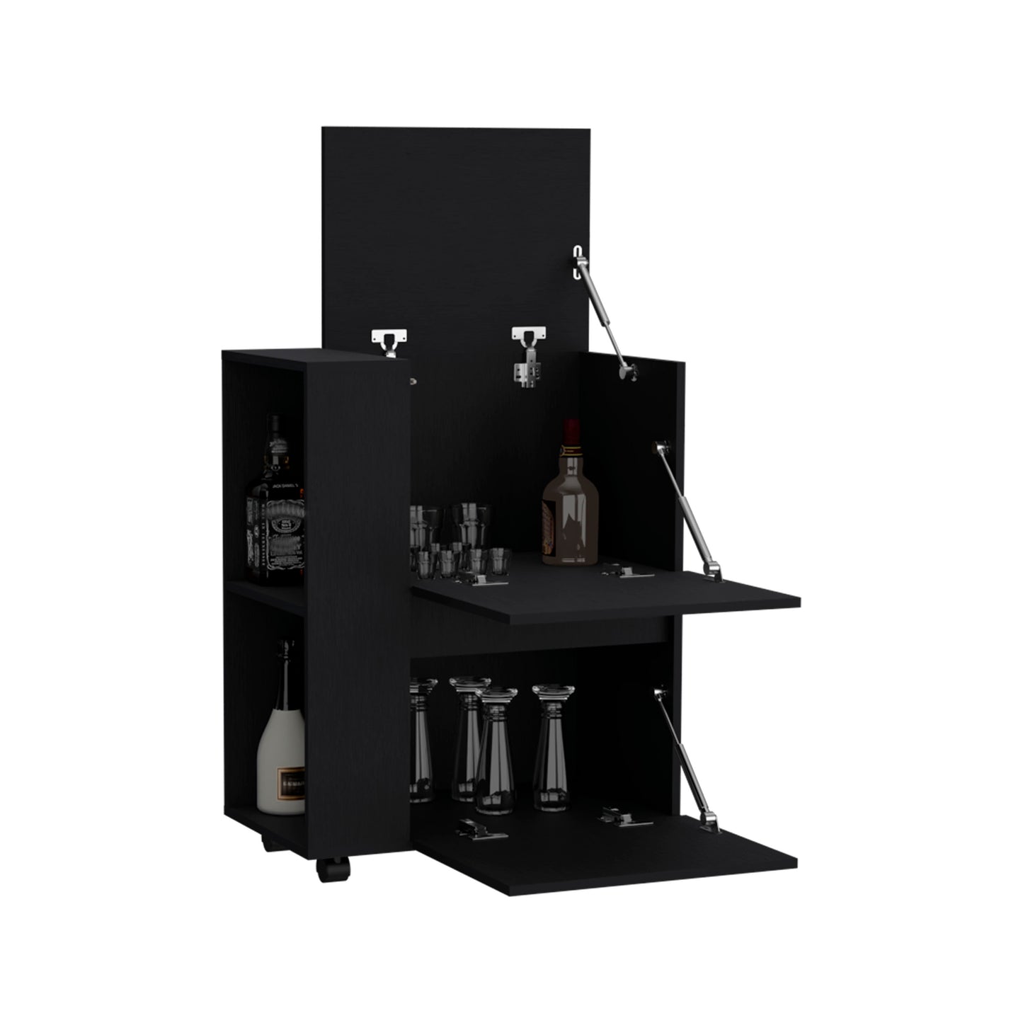 Compact black bar cabinet with open shelves holding whiskey bottles and shot glasses