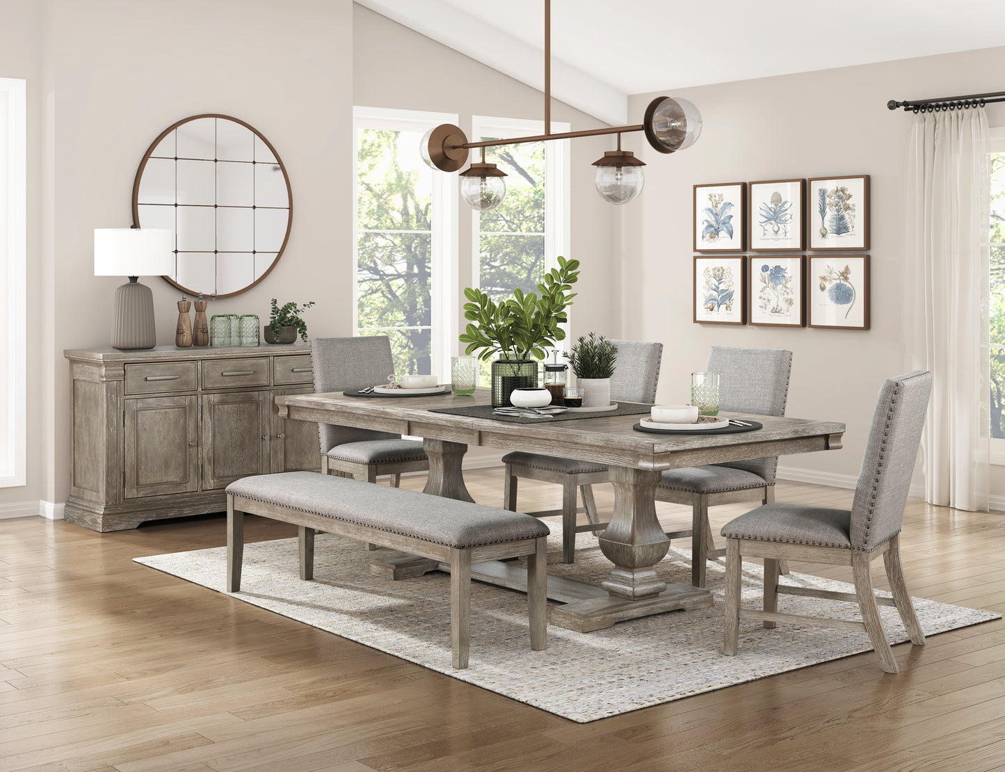 Rustic grey wood dining table with upholstered chairs and bench