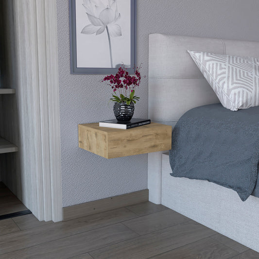 Floating wood bedside table with textured grain minimalist design for modern bedrooms