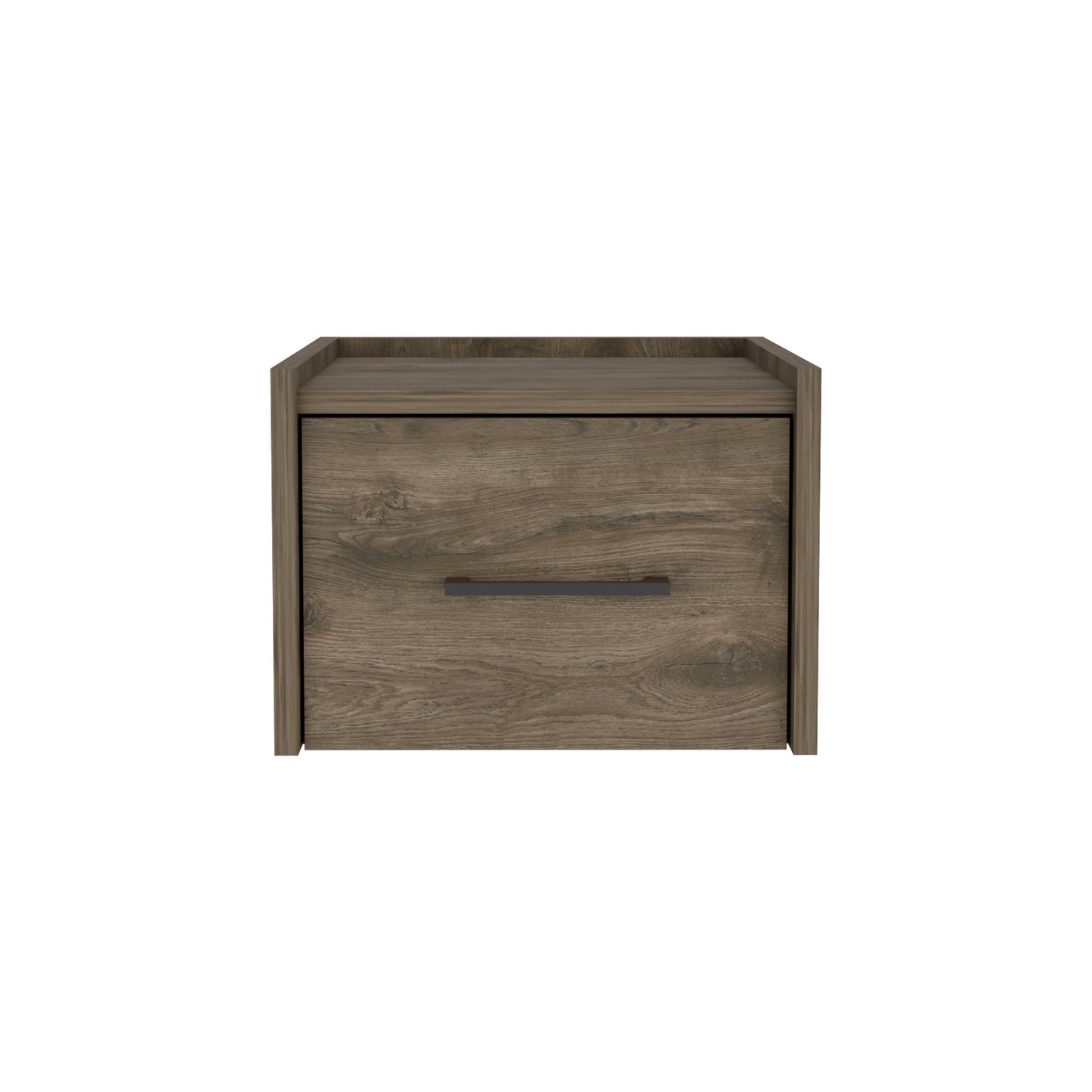 Modern gray wood bedside table with a single drawer and minimalist handle