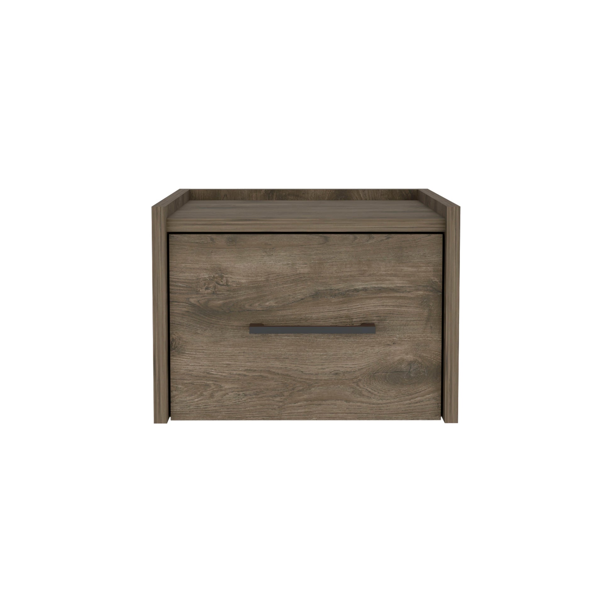 Modern gray wood bedside table with a single drawer and minimalist handle