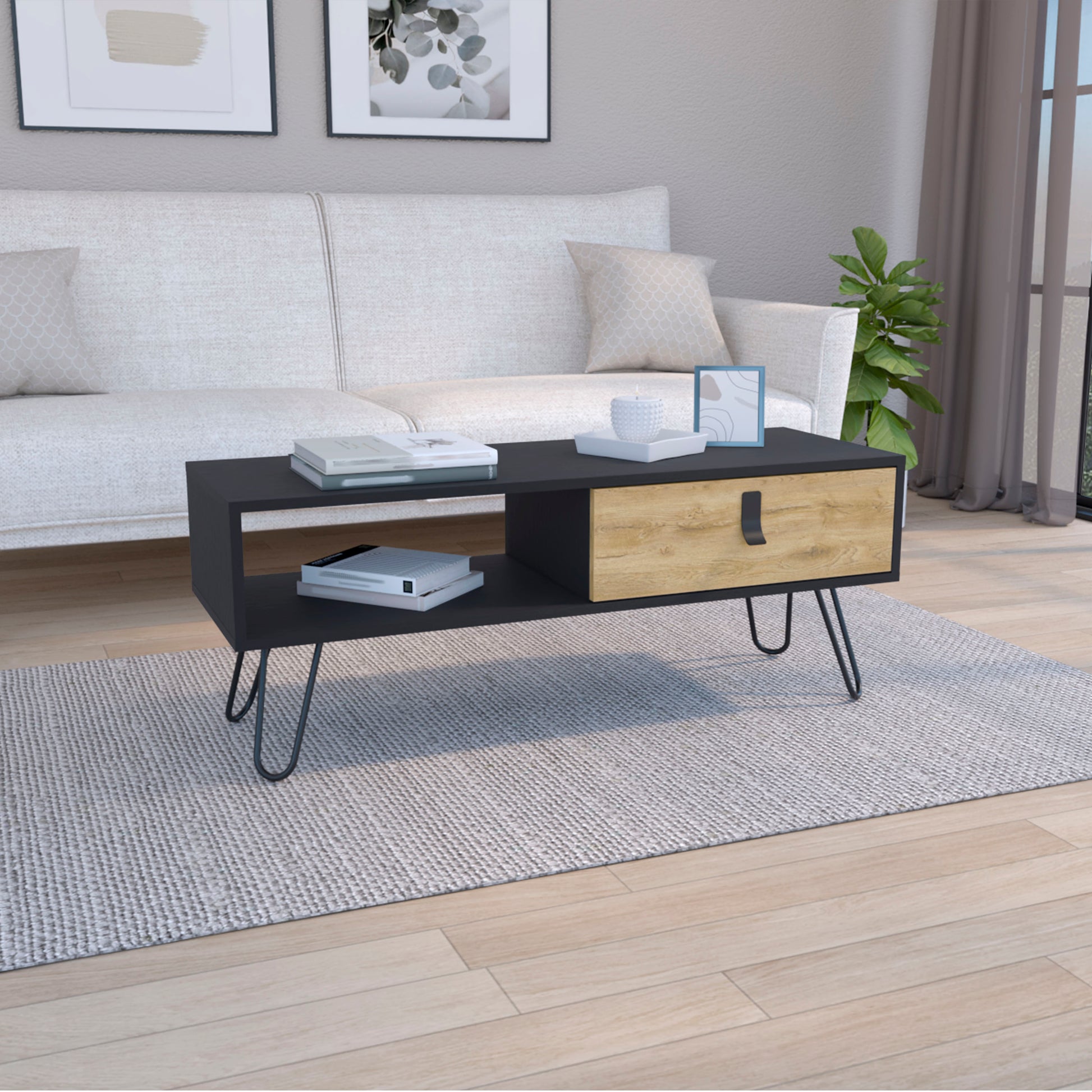 Modern black coffee table with wood drawer and hairpin legs