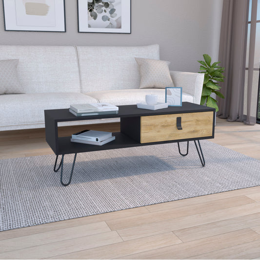 Modern black coffee table with wood drawer and hairpin legs