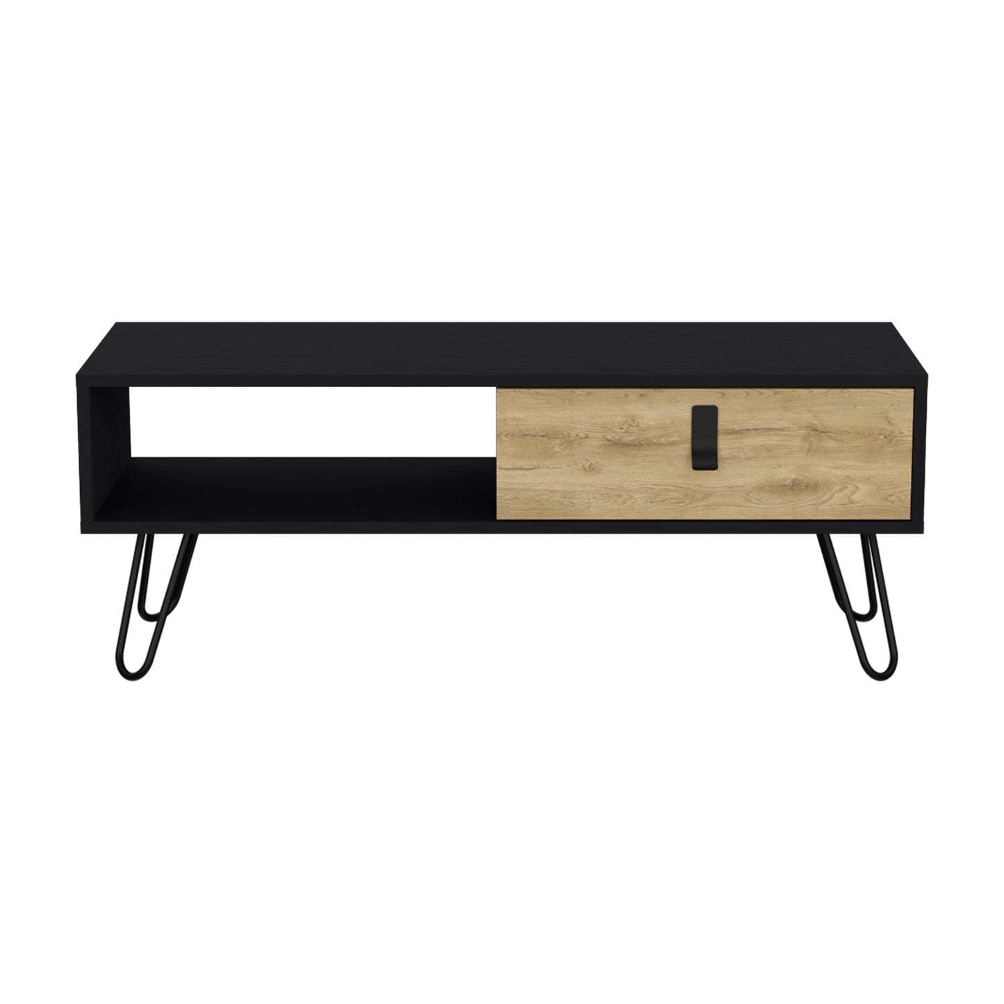 Black and wood grain media console with open shelf and drawer on hairpin legs