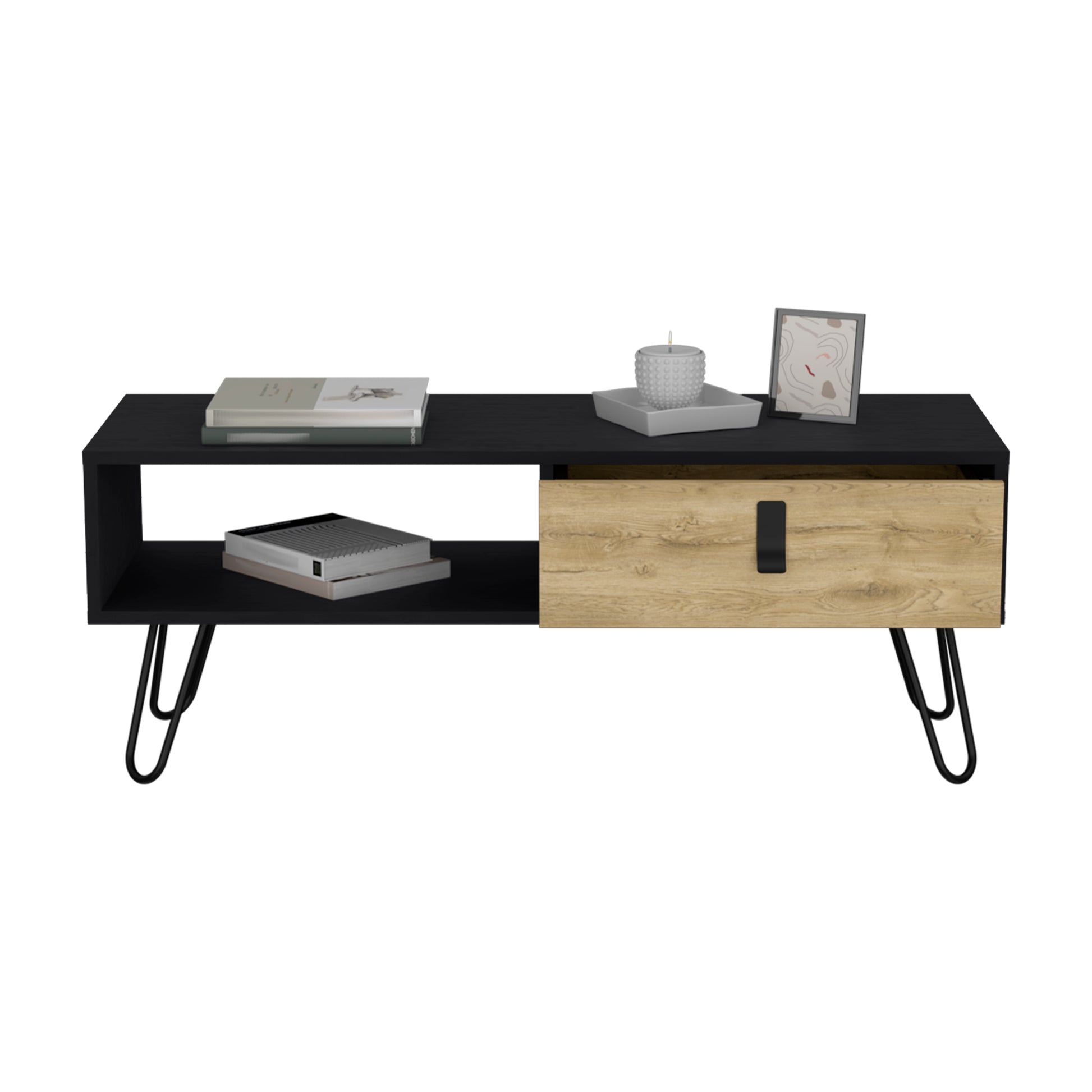 Black and wood media console with open shelf and drawer on hairpin legs