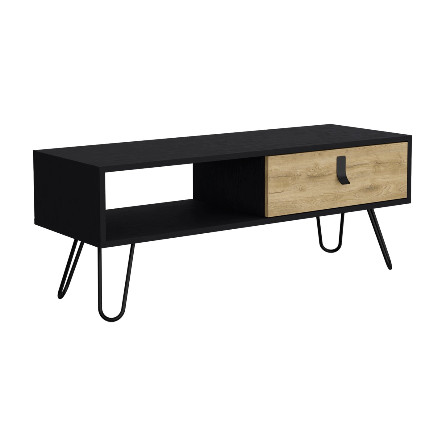 Black media console with natural wood drawer and hairpin legs