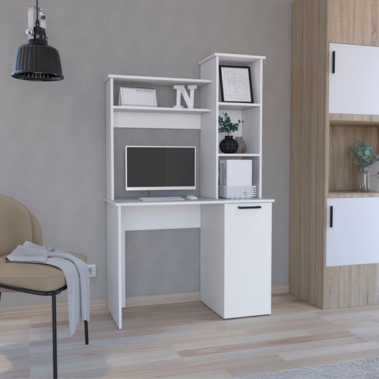 White modern computer desk with hutch and integrated shelves perfect for home offices