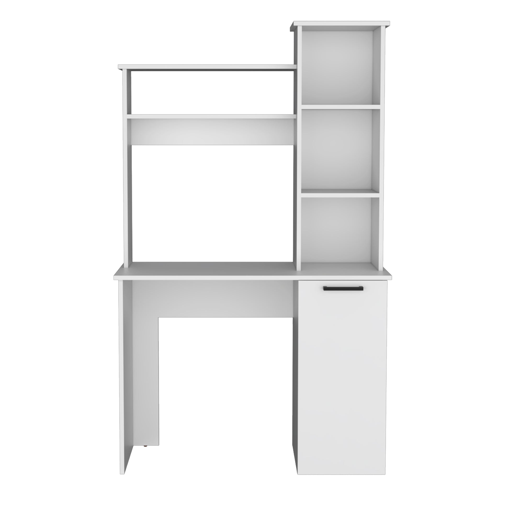 White computer desk with open shelves and a cabinet door