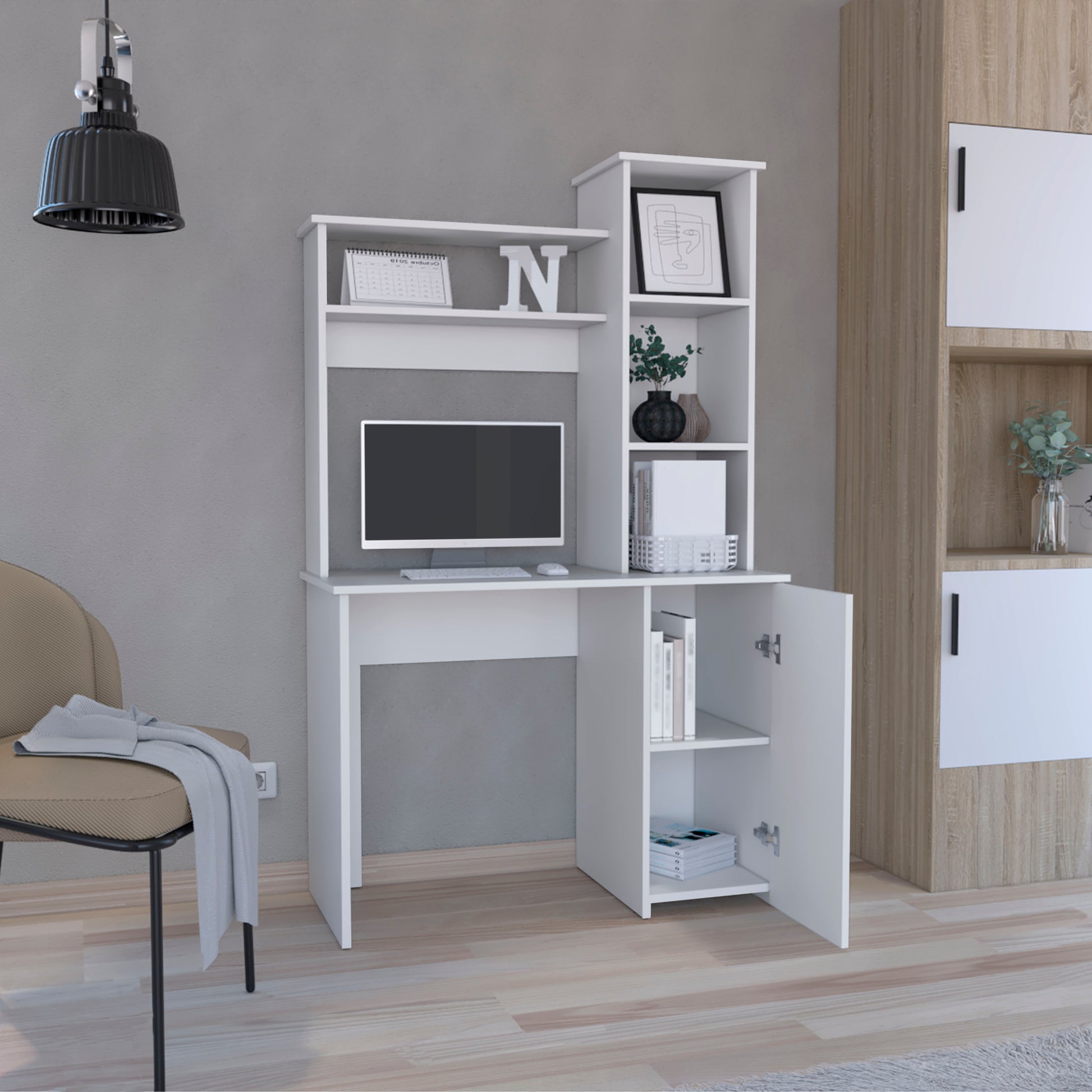 White computer desk with hutch open cabinet and shelves ideal for a home office