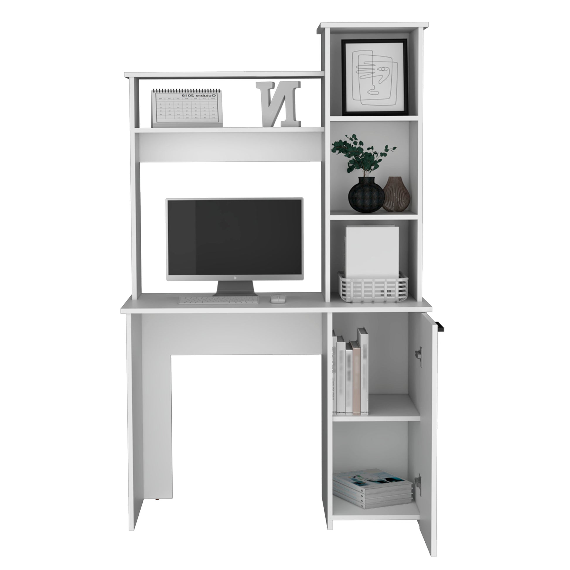 White modern computer desk with hutch featuring shelves for storage and a builtin monitor stand