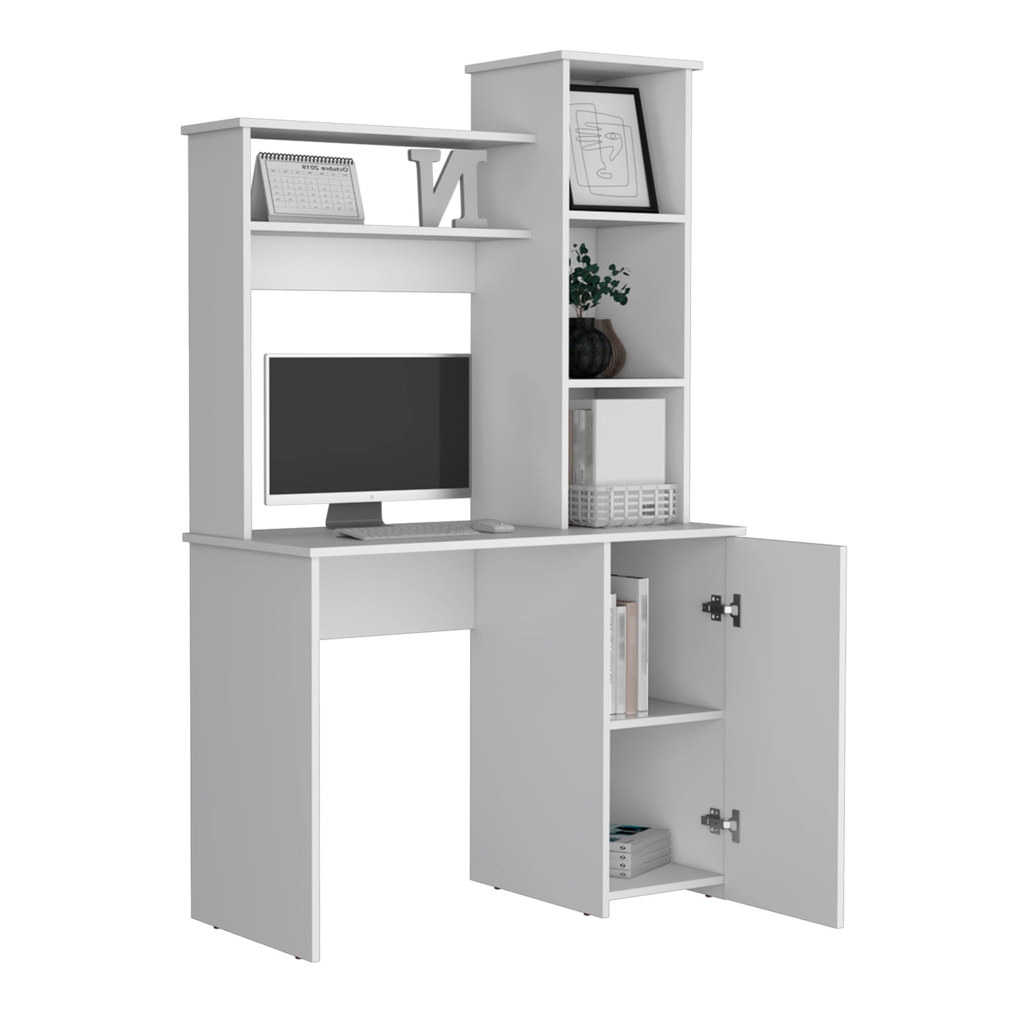 White modern computer desk with hutch and storage cabinets for home office