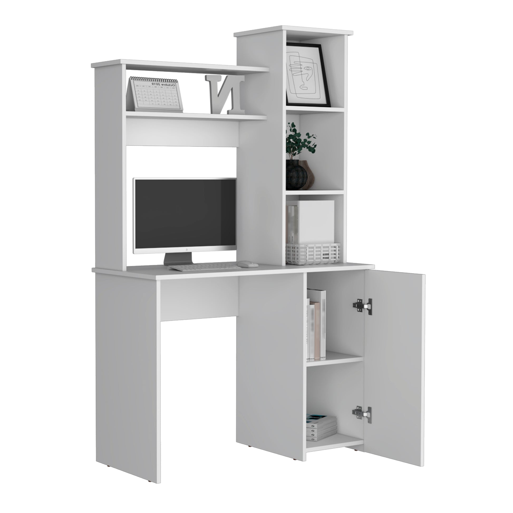 White modern computer desk with hutch and storage cabinets for home office