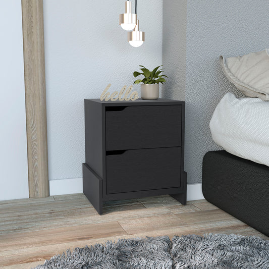 Modern black wood nightstand with two drawers and sleek handles