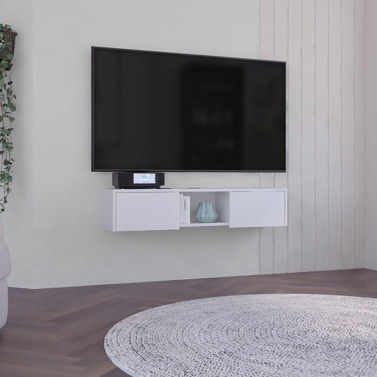 Sleek white floating media console with open shelf and two drawers ideal for modern living rooms