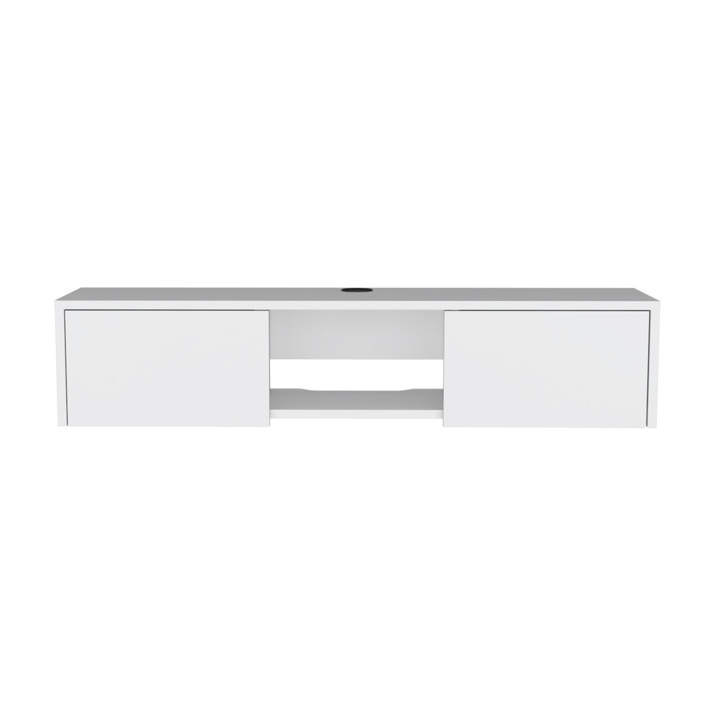 White modern floating TV stand with two cabinet doors and open shelf