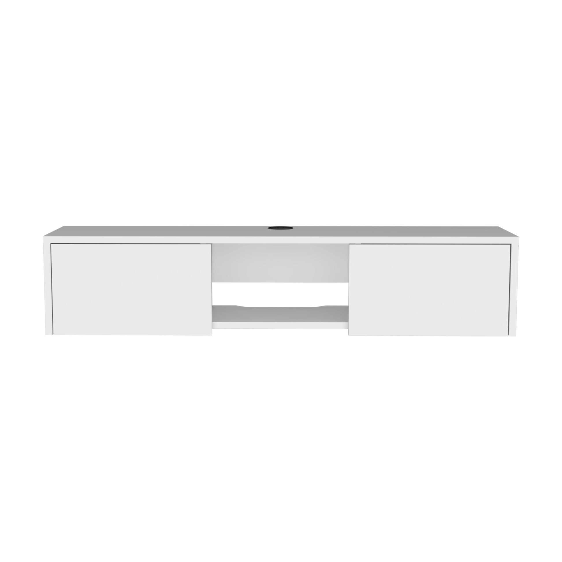 White modern floating TV stand with two cabinet doors and open shelf