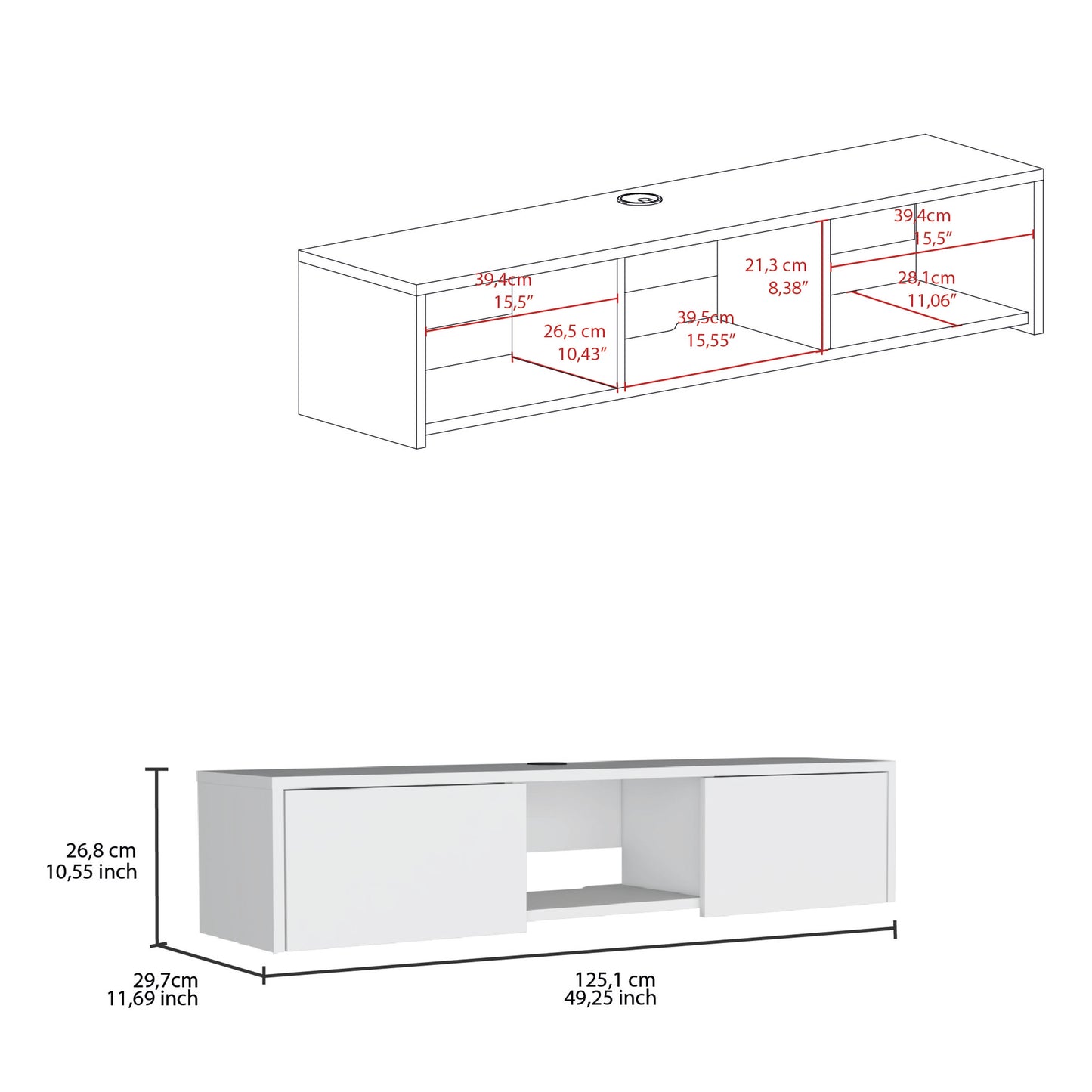 White modern media console with two cabinets and open shelves