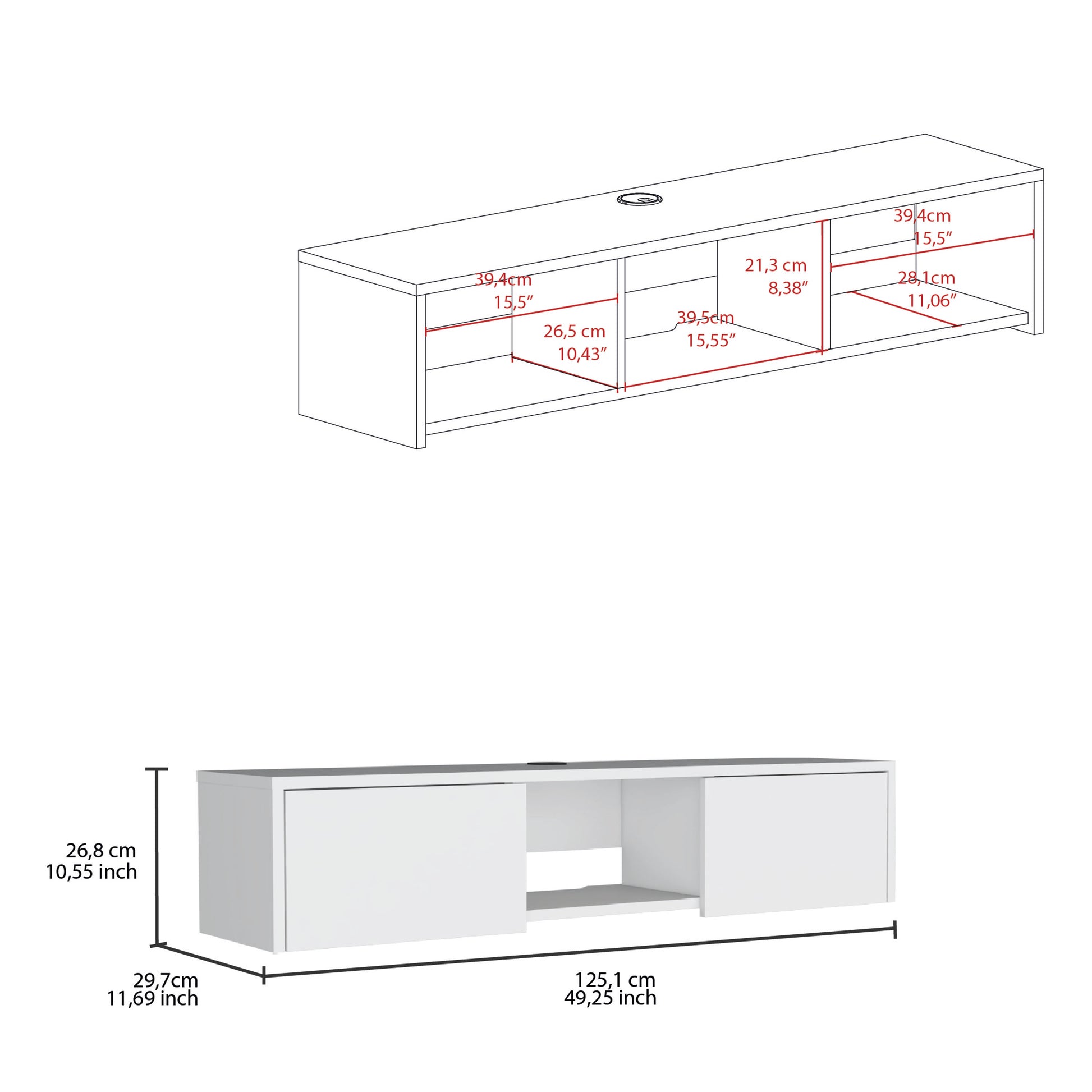 White modern media console with two cabinets and open shelves