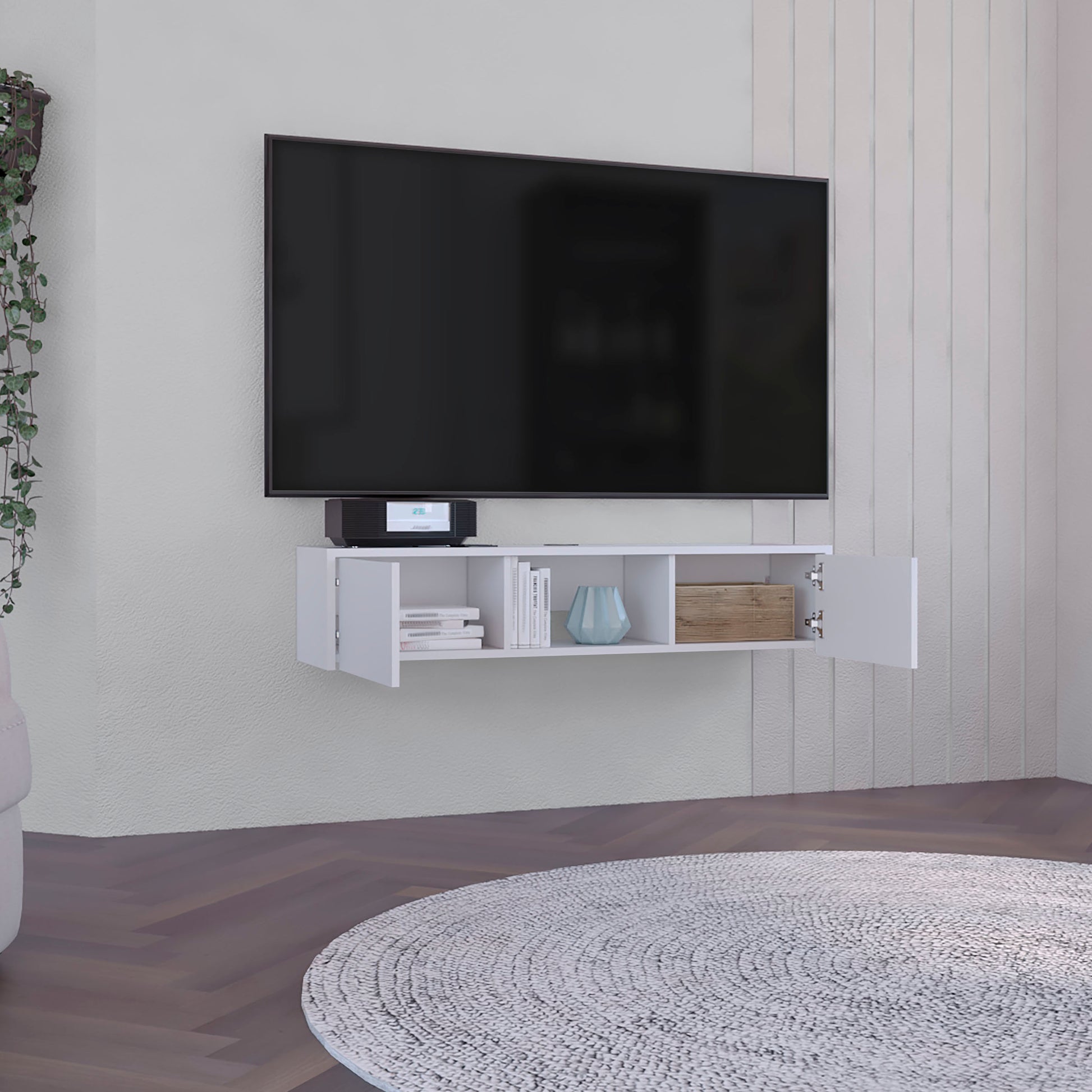 White wallmounted TV shelf with open compartments and cabinet doors