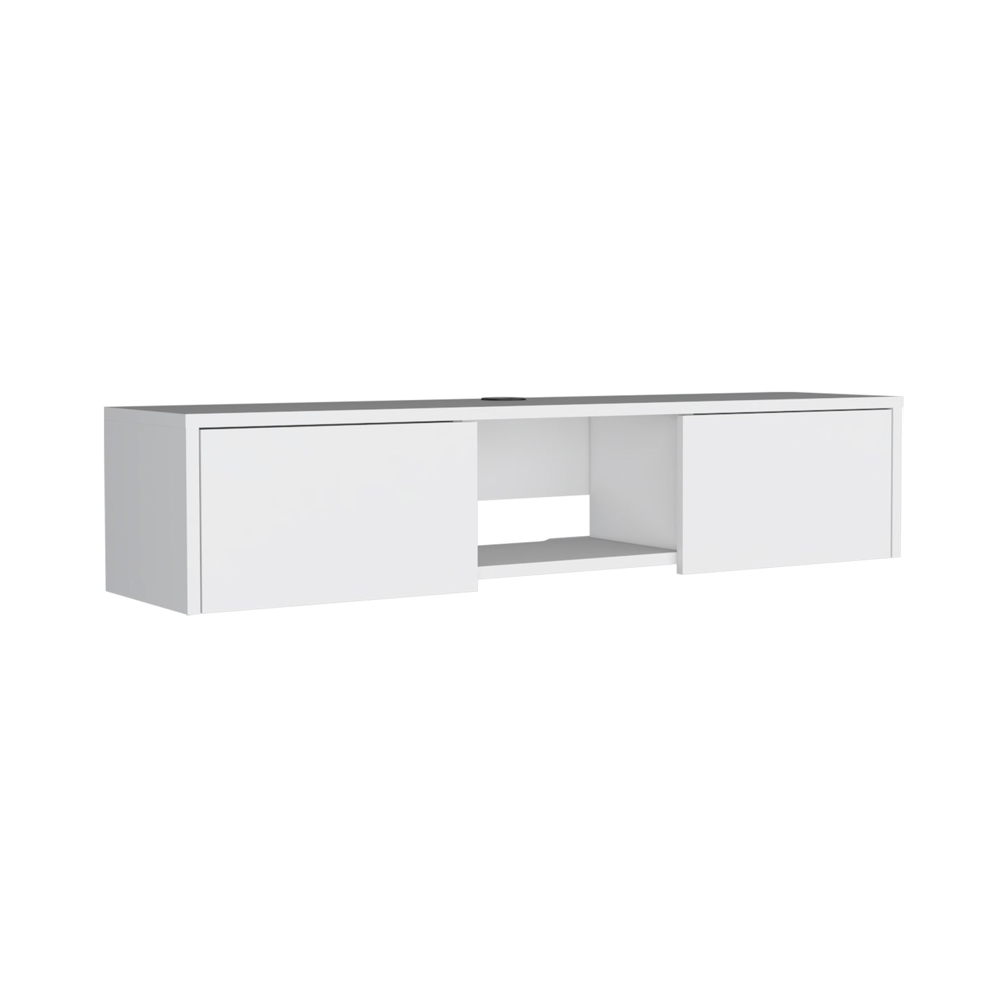 Modern white wallmounted media console with two doors and open shelf