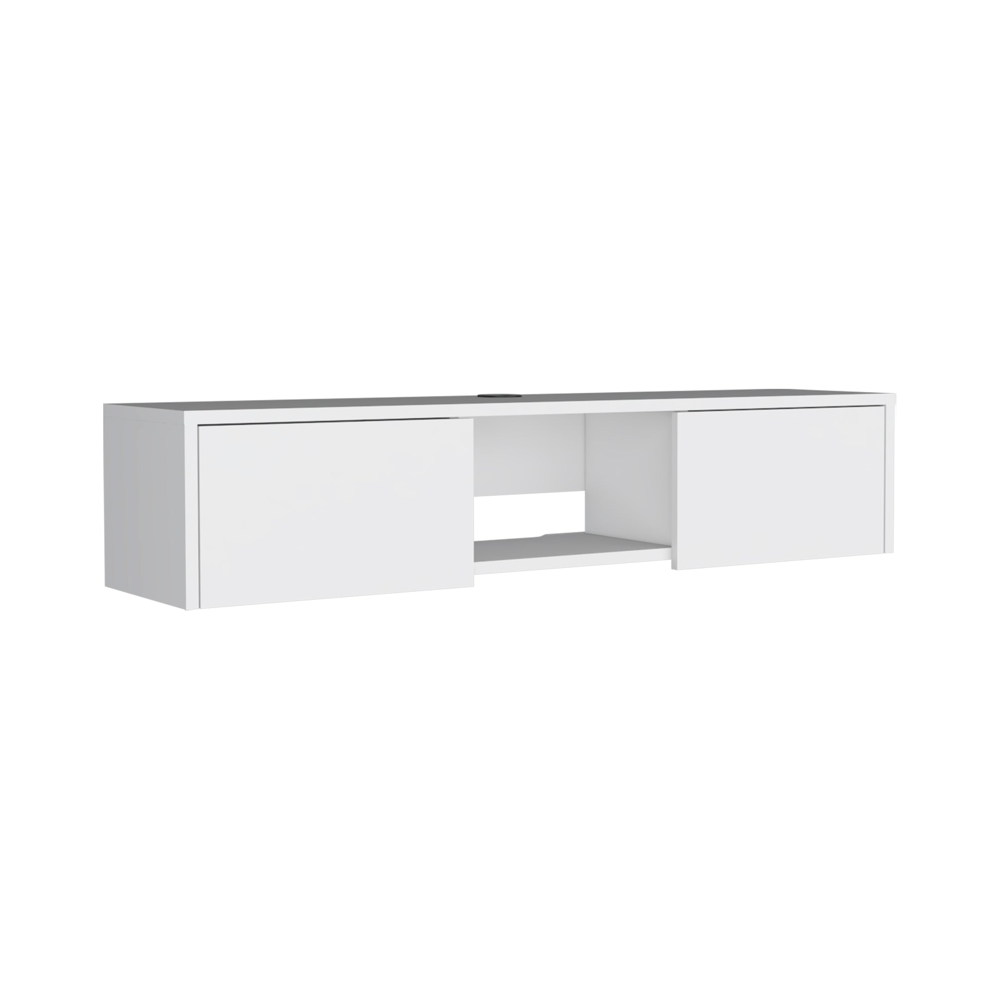 Modern white wallmounted media console with two doors and open shelf