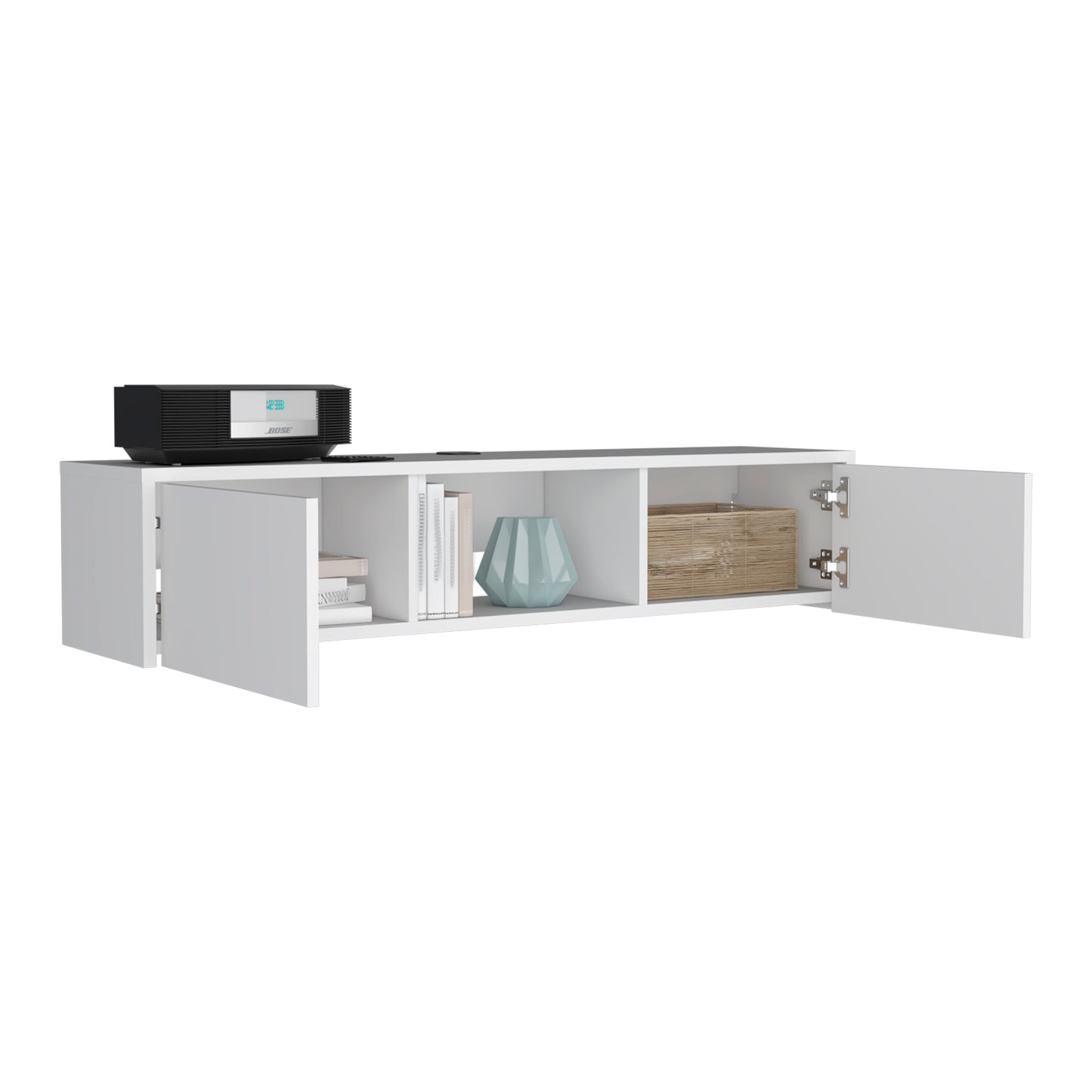 Floating white media console with open shelving and a Bose stereo system