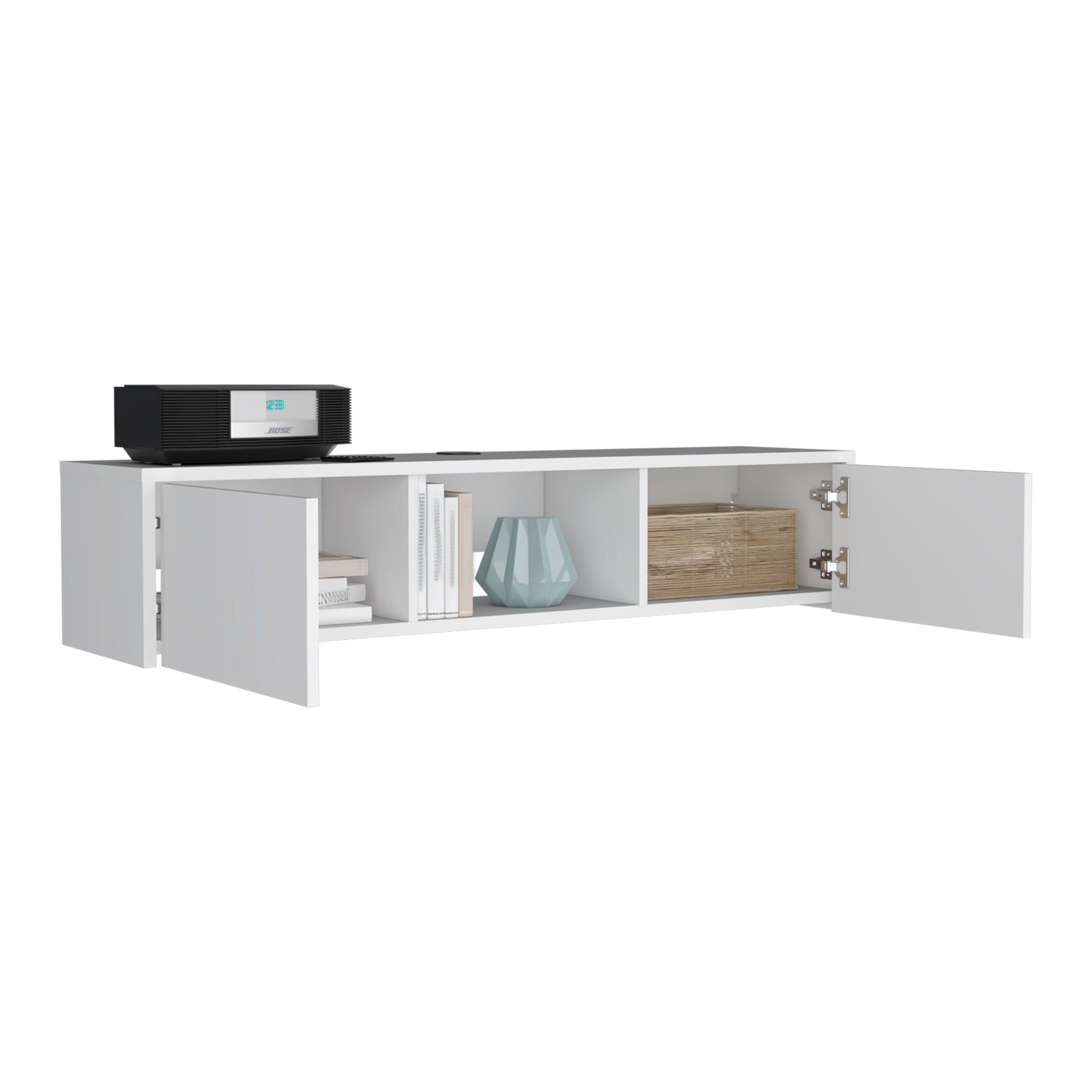 Floating white media console with open shelving and a Bose stereo system