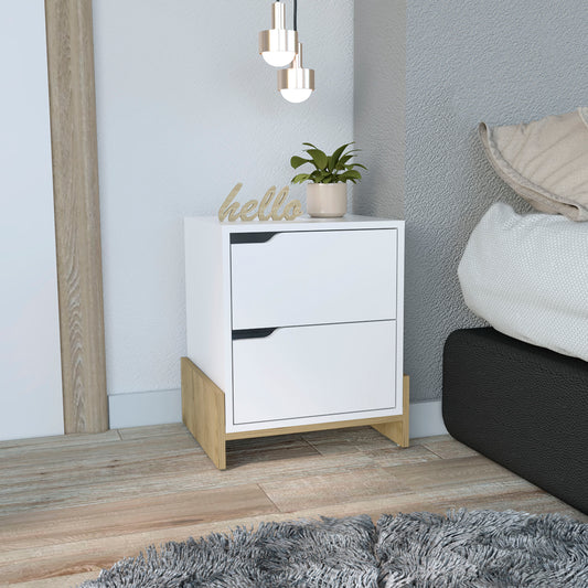 White twodrawer nightstand with oak wood accents and decorative hello sign