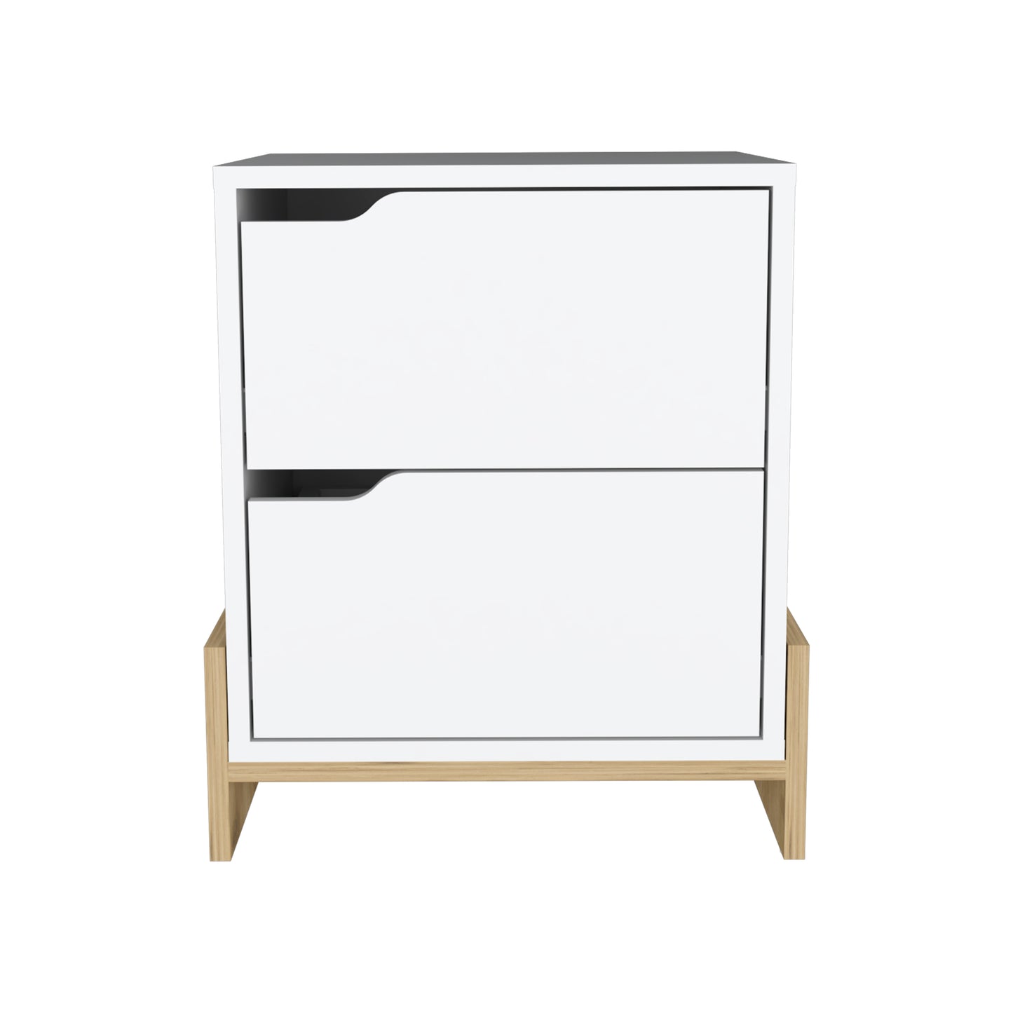 Modern white shoe cabinet with two drawers and a light wood base offering stylish entryway storage