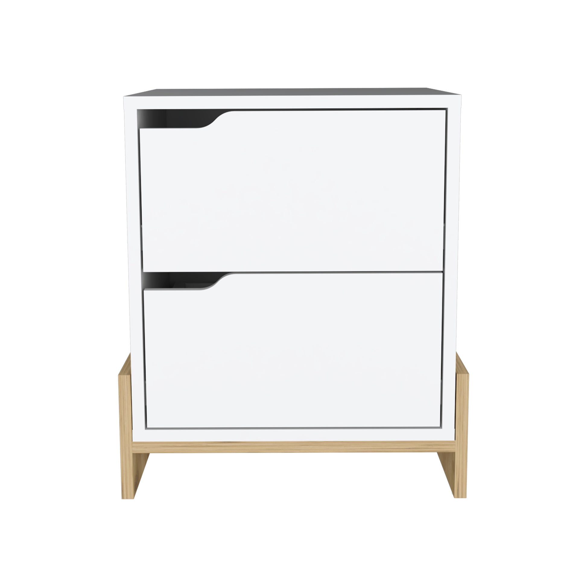 Modern white shoe cabinet with two drawers and a light wood base offering stylish entryway storage