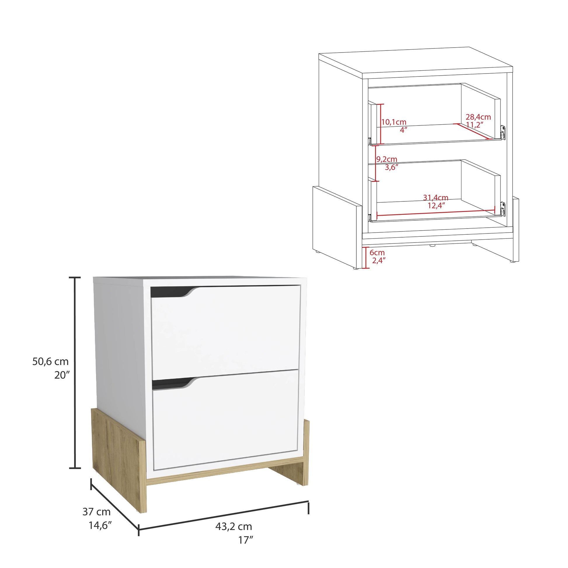 White twodrawer nightstand with wood base and chrome handles