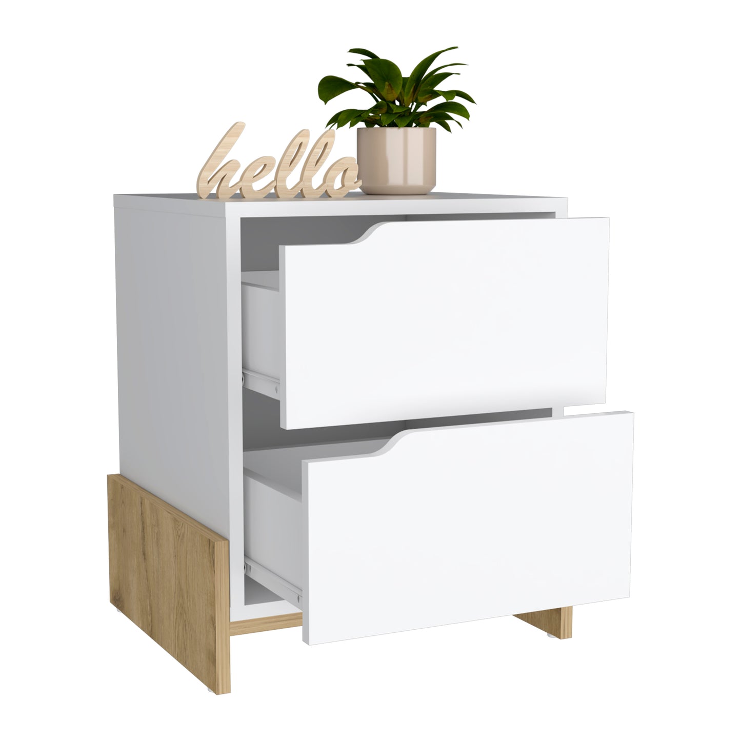 White twodrawer nightstand with wood accent base and decorative plant