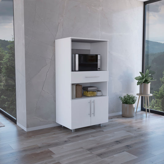 White kitchen microwave stand with open shelving a drawer and closed cabinet doors