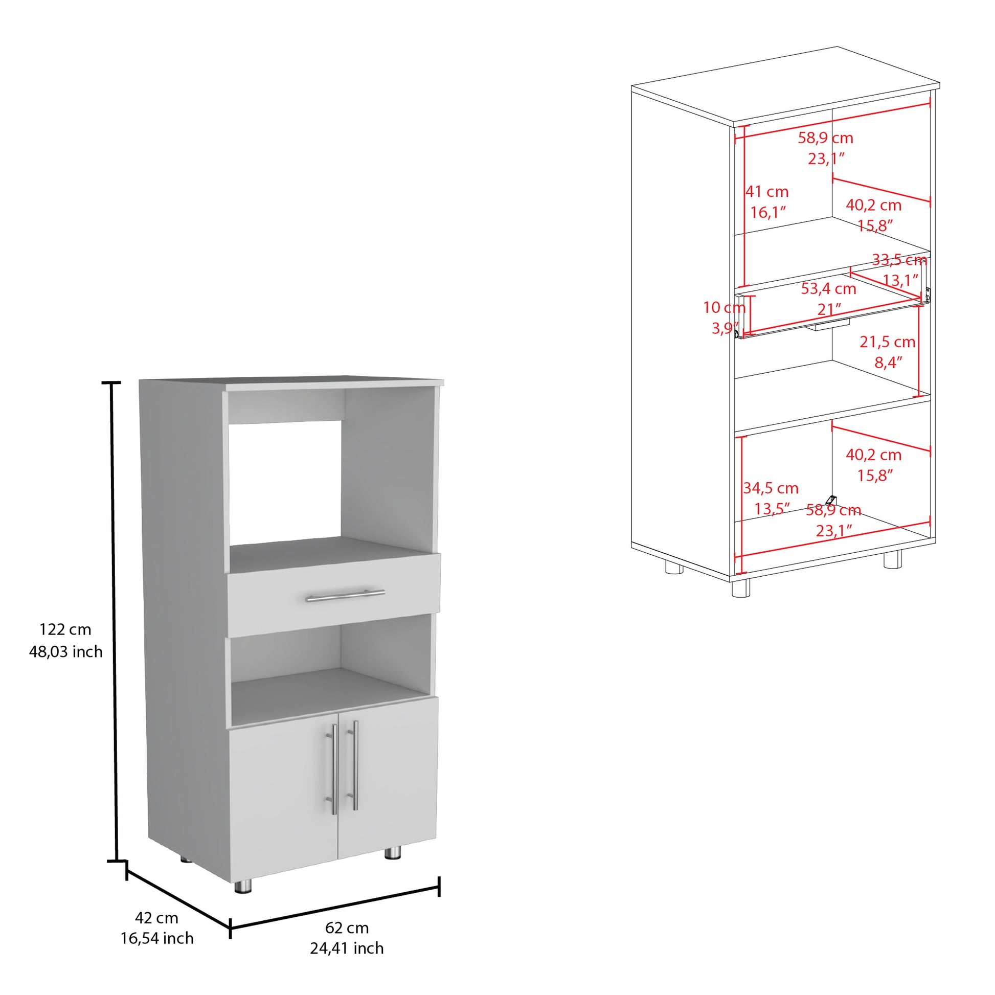 White microwave stand with cabinet and drawer  cm tall