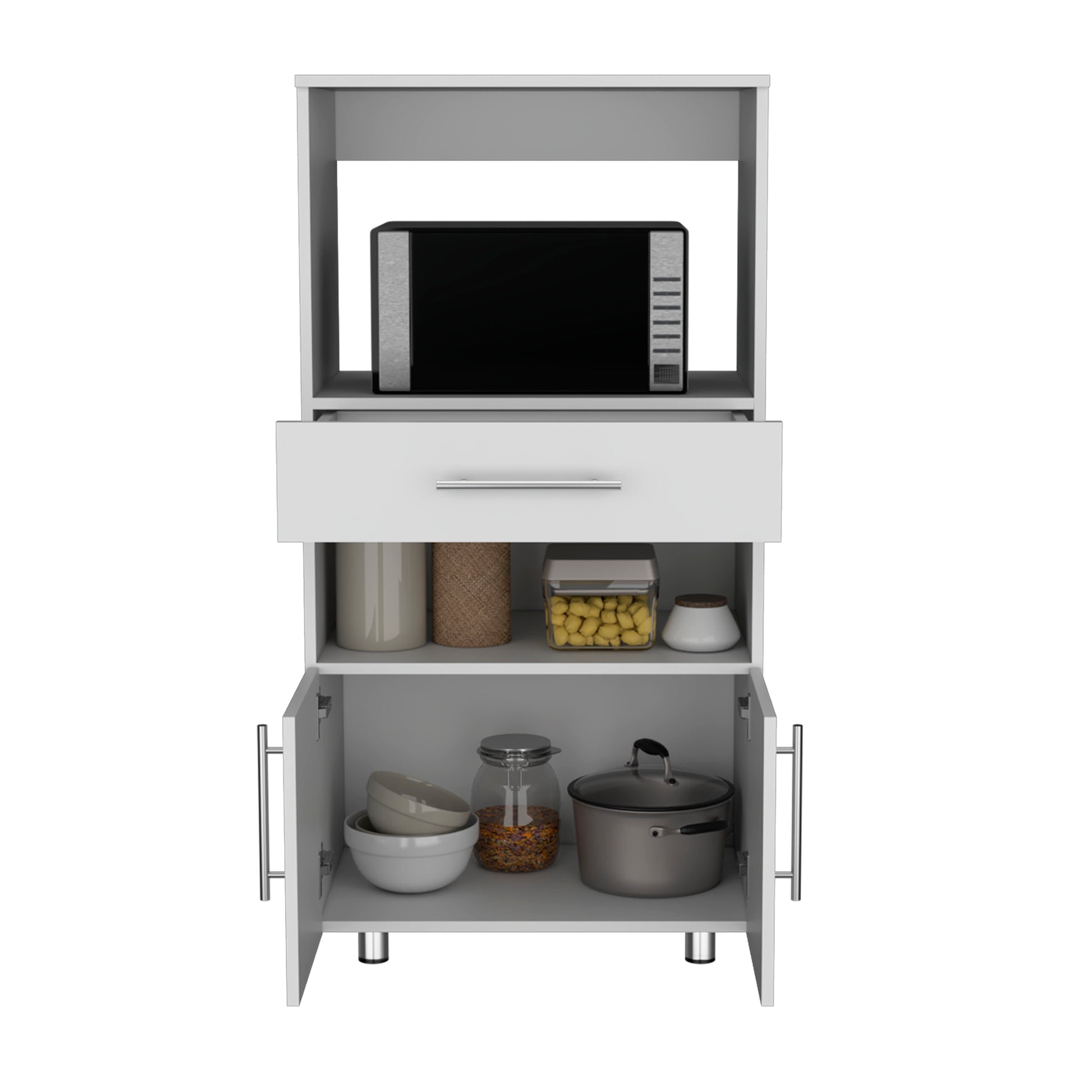 White kitchen pantry with microwave shelf drawer and two cabinet doors