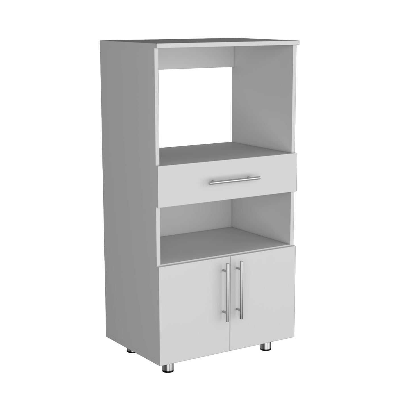 White kitchen microwave stand with open shelf drawer and cabinet storage