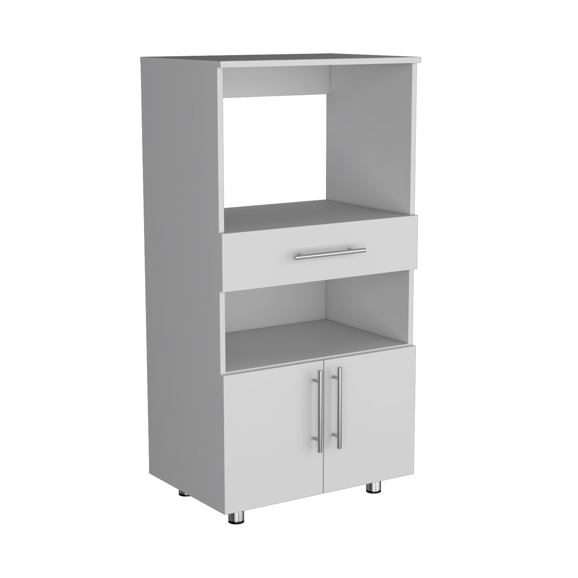 White kitchen microwave stand with open shelf drawer and cabinet storage