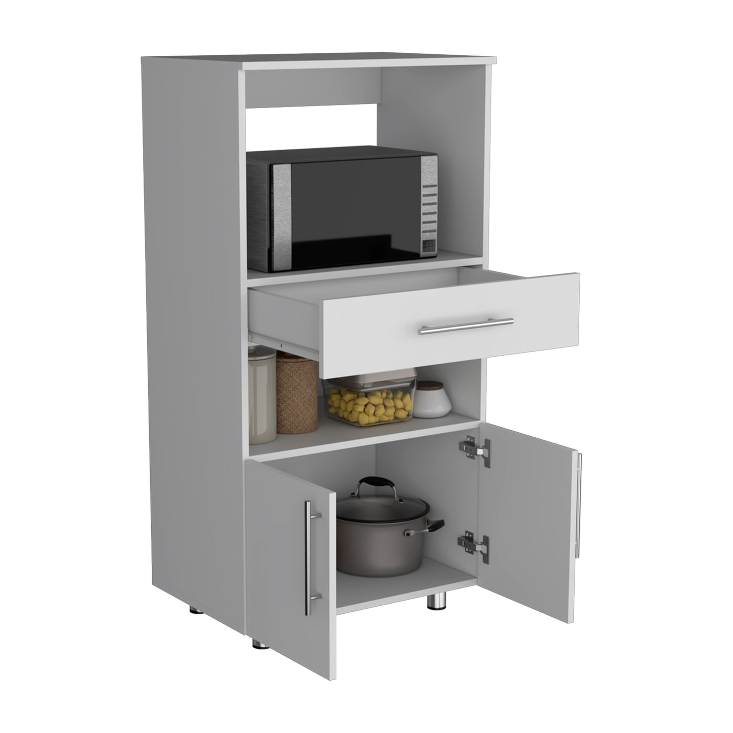 White kitchen pantry cabinet with microwave shelf open drawer and lower cabinet