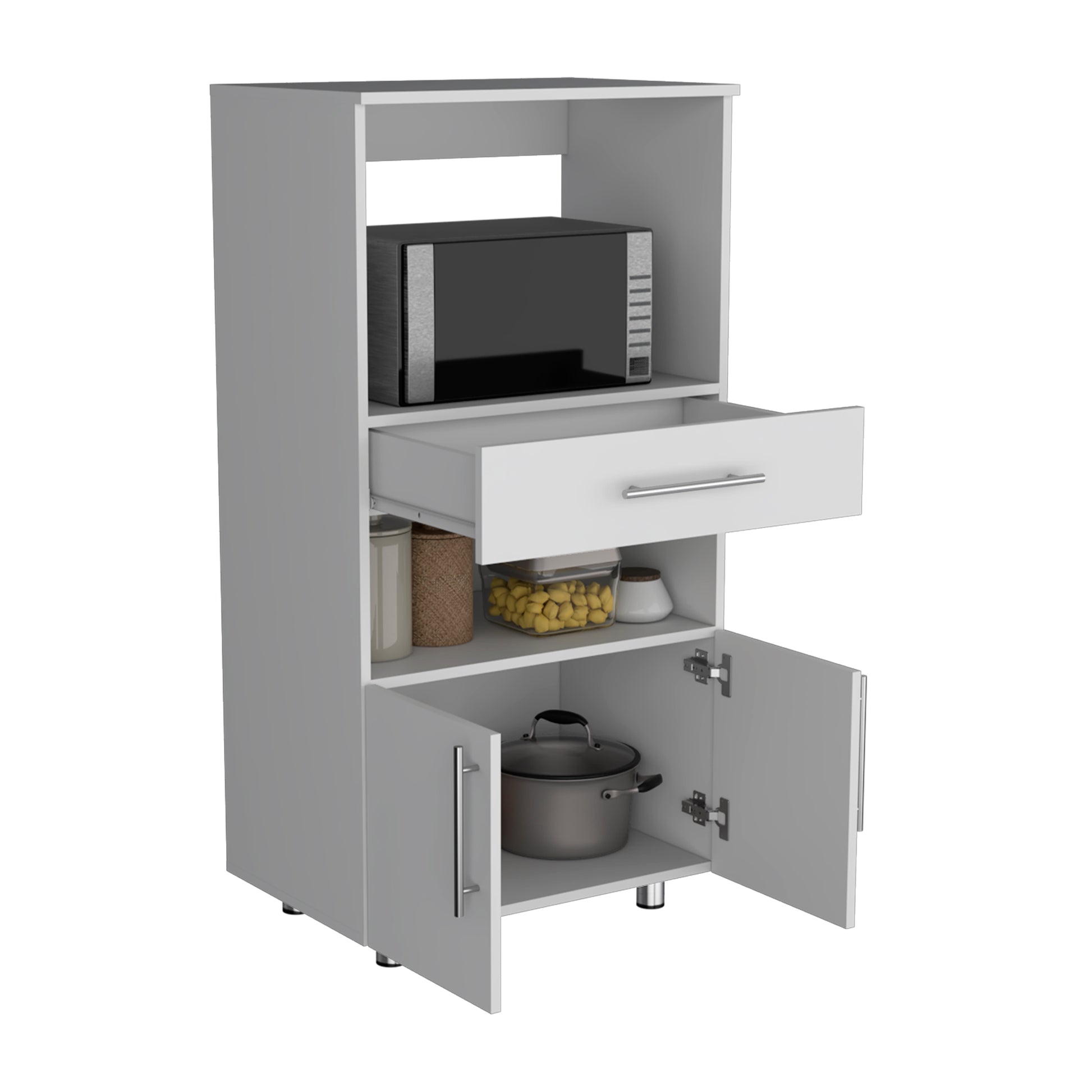 White kitchen pantry cabinet with microwave shelf open drawer and lower cabinet