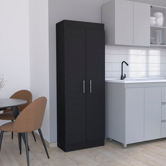 Tall black pantry cabinet with modern silver handles in a contemporary kitchen setting