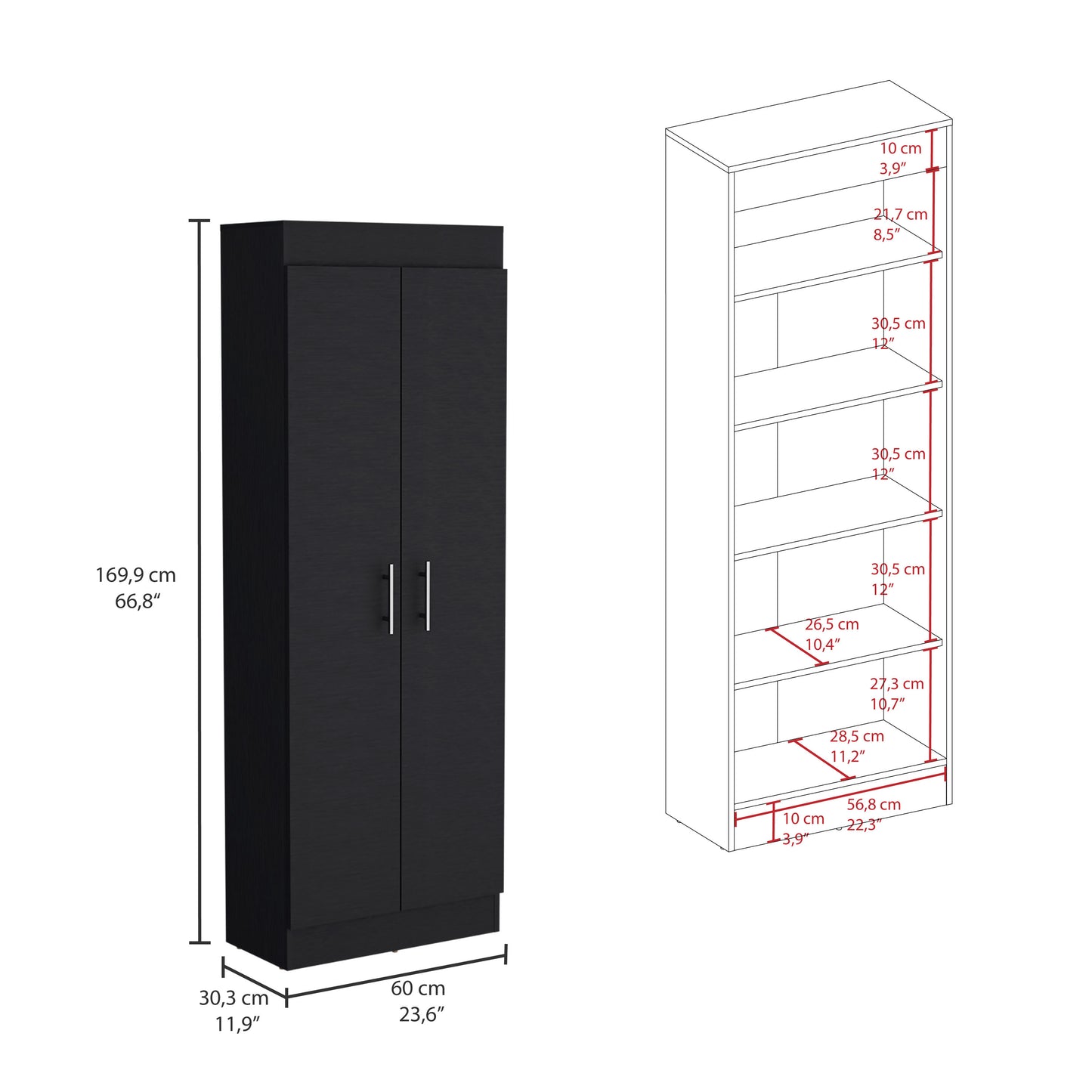 Tall black storage cabinet with two doors and silver handles cm height