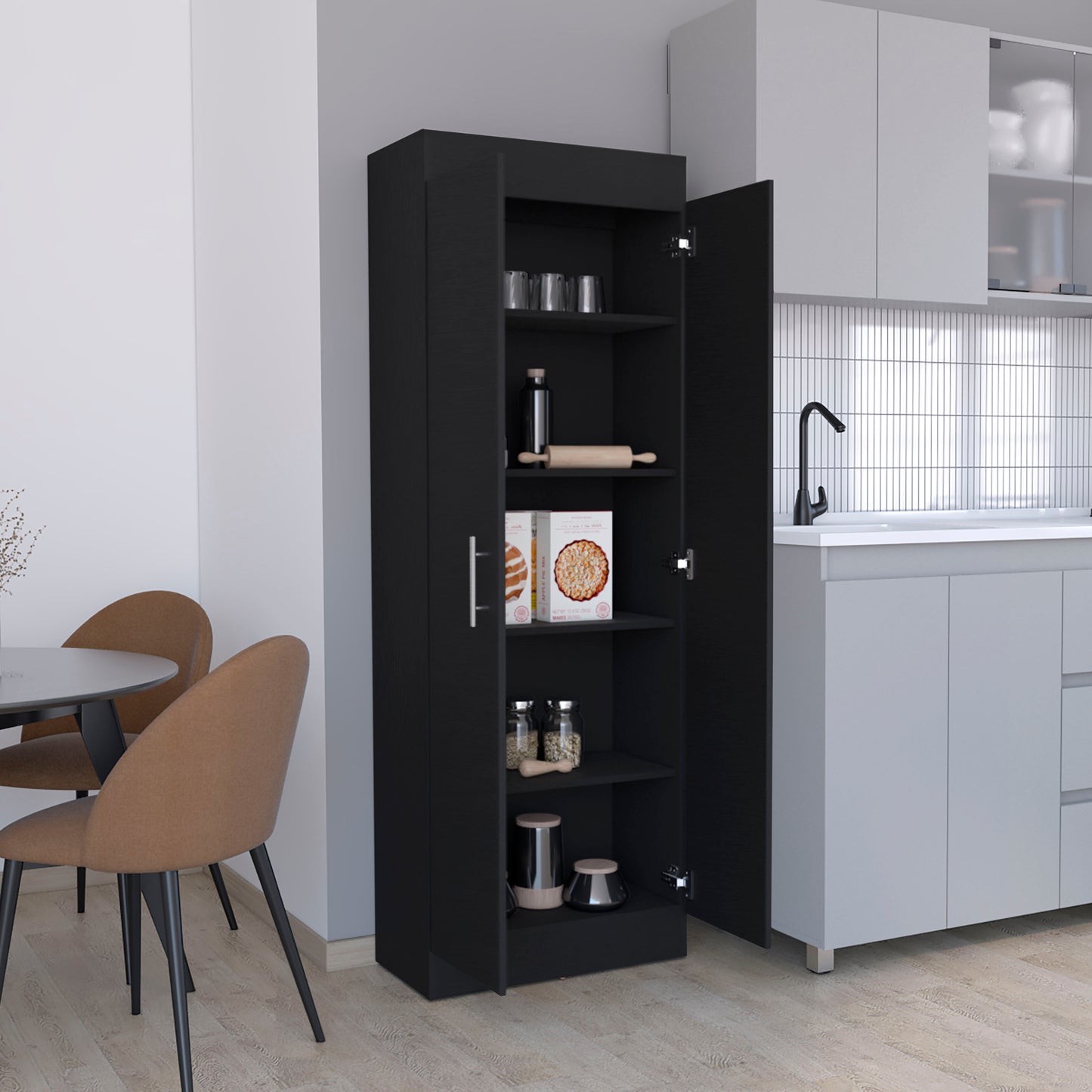 Tall black storage cabinet with open doors showcasing kitchen pantry items like jars and boxes