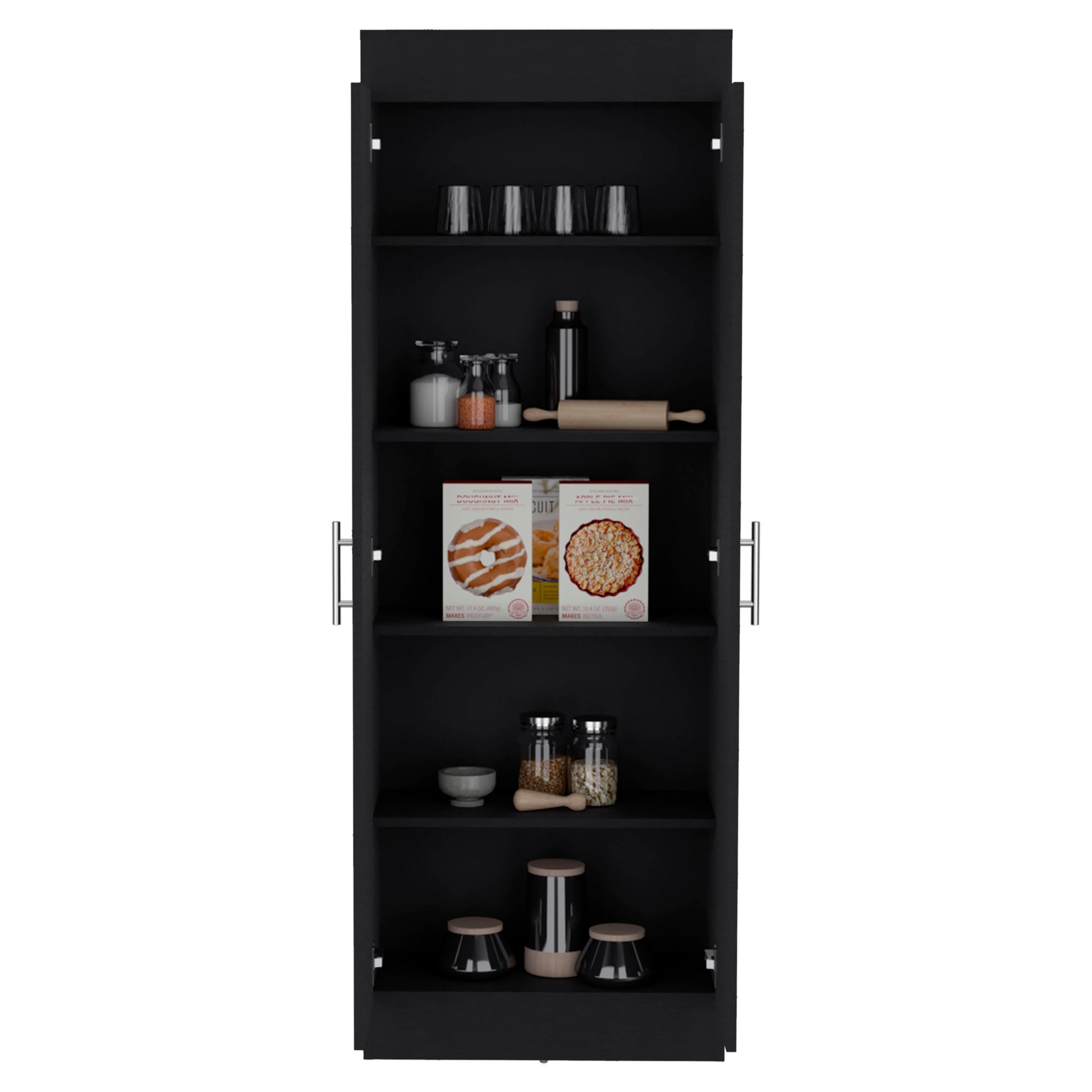 Tall black pantry cabinet showcasing glass jars baking mixes and storage containers on shelves