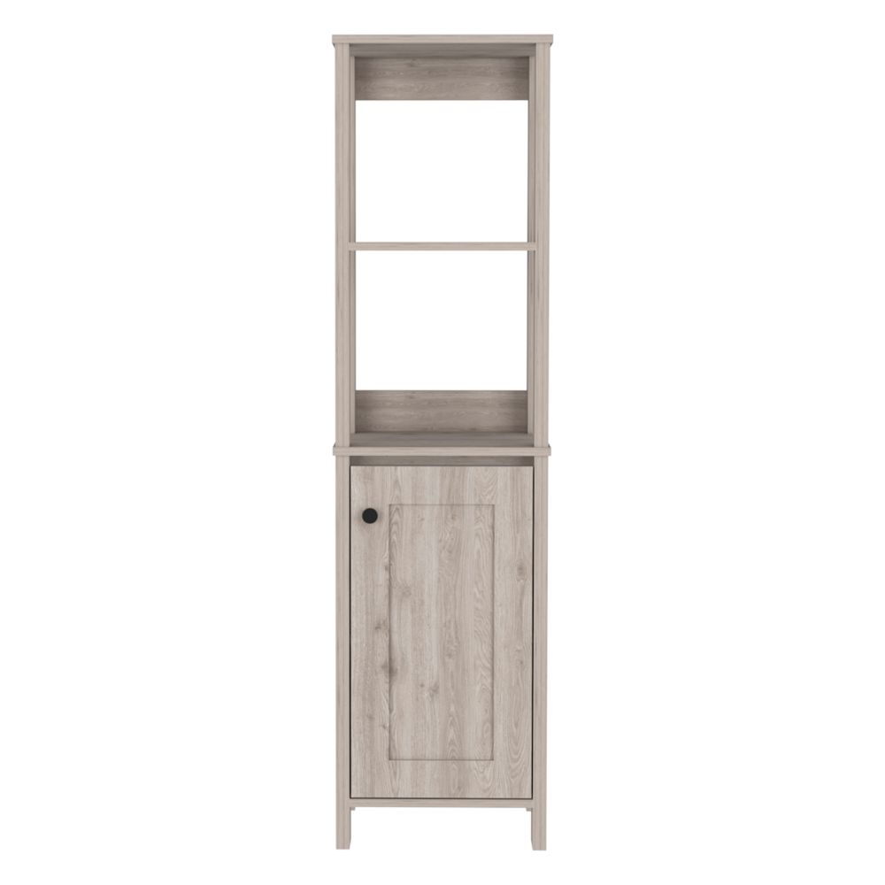 Tall linen cabinet with light wood finish and two open shelves