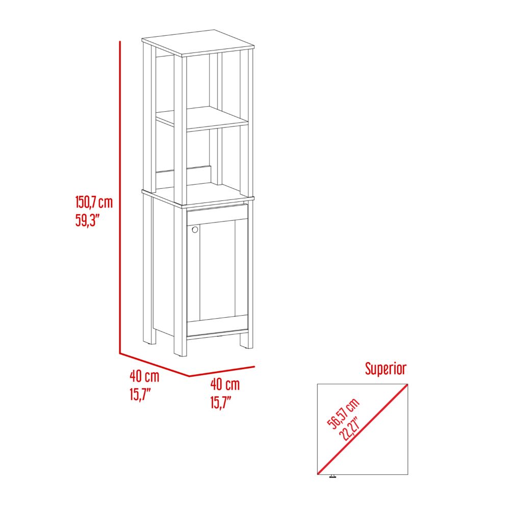 Tall slim white shelving unit with one cabinet door at the base