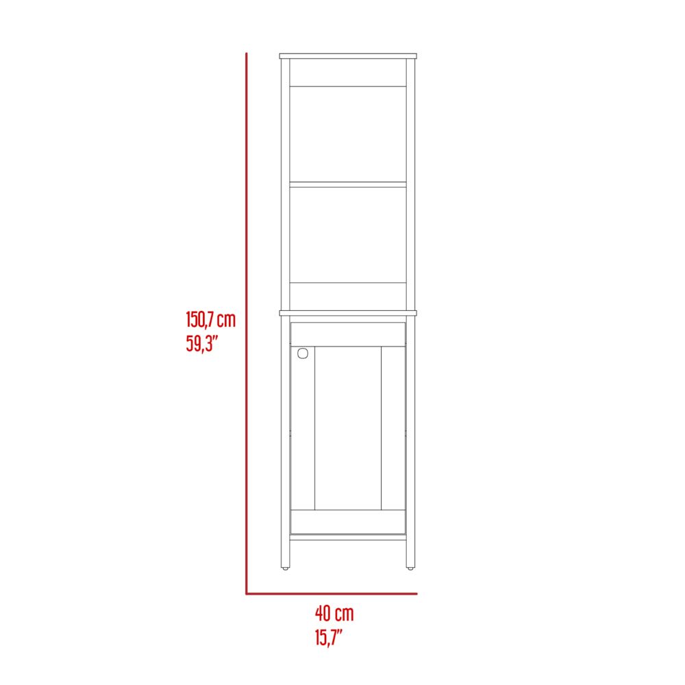 Line drawing of a tall narrow storage cabinet with two open shelves and a single cabinet door below
