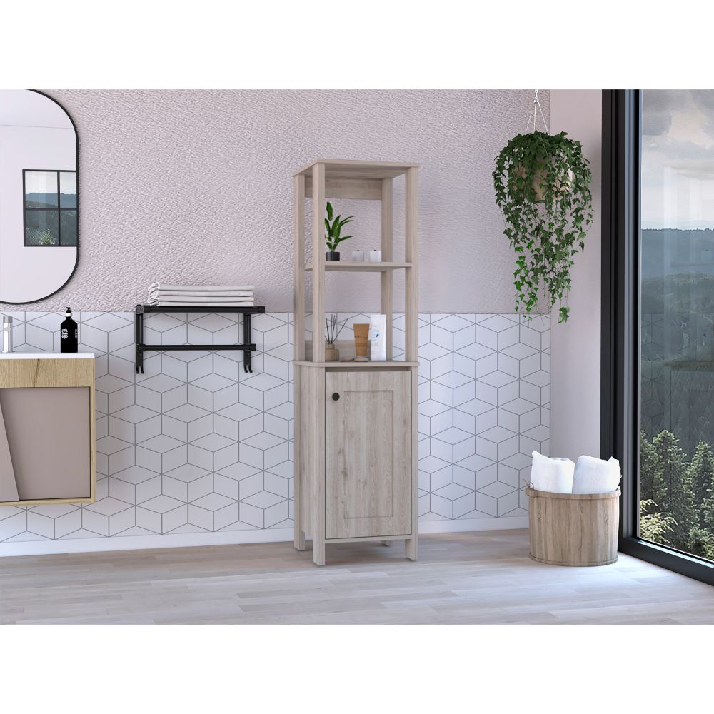 Tall slender oak veneer bathroom cabinet with open shelves and single door